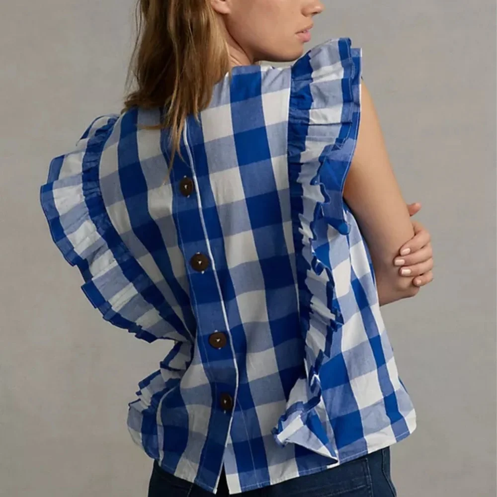 NWT Whit Two Cascade Ruffled Blouse White Blue Gingham Check Plaid XS - Picture 3 of 3